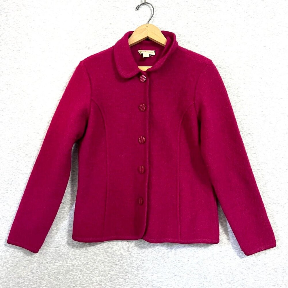Appleseeds Cardigan Jacket Womens Small Pink Fushia Boiled Wool Cozy Prep Barbie